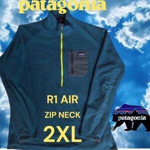 PATAGONIA MENS XXL R1 AIR ZIP NECK IN CRATER BLUE/PEPPERGRASS ACCENTS. POCKET